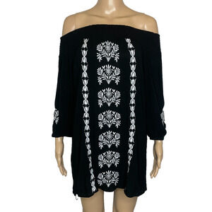 Women's Medium Blue Island Black Embroidered Off-the-Shoulder Swim Cover Up